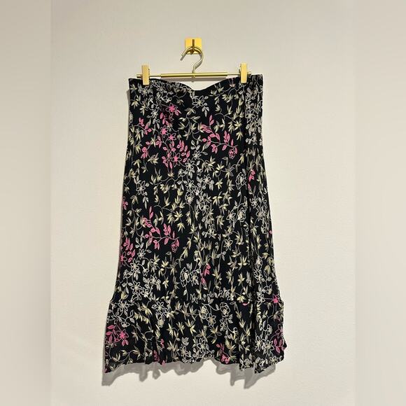Vintage 90s Dark Floral Grunge Flowy Black Midi Skirt | Size 12 - Picture 1 of 5